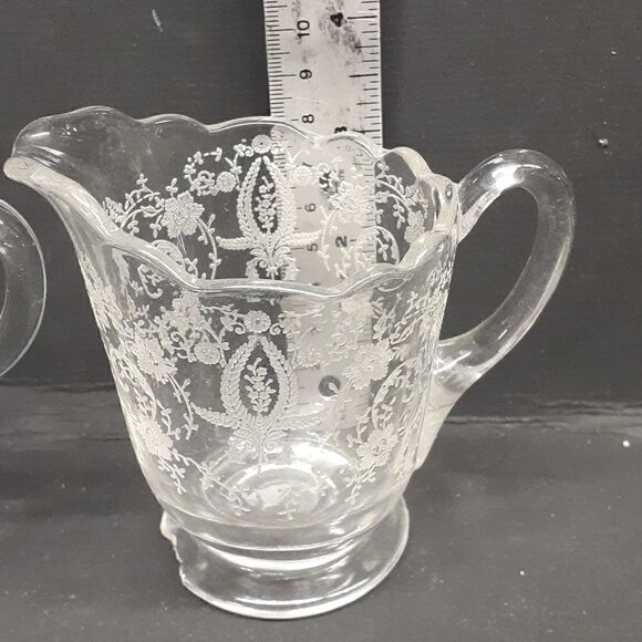 4 pc. bundle Fostoria Cambridge etched crystal creamer sugar, pitcher, dish - Picture 7 of 15